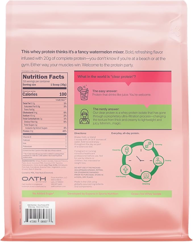 Oath Nutrition Clear Whey Isolate Protein Powder Watermelon Fresca 20g Complete Protein per Serving No Added Sugar Grass-Fed 18 Servings