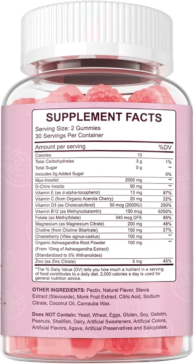 Myo-Inositol &amp D-Chiro Inositol Gummies Supplement for Women 2000mg + 50mg Ideal 40:1 Ratio with Magnesium and Vitamin D3 for Female Hormone Balance &amp Wellness Vegan Gelatin-Free 60 Gummies