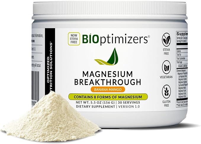 BIOptimizers Magnesium Breakthrough Drink - 8 Forms of Magnesium Electrolytes Sleep Health Stress Muscle Recovery Heart Support | Glycinate Citrate Malate- Banana Mango