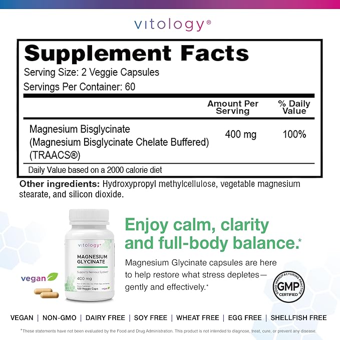 Magnesium Glycinate 400mg | TRAACS® Chelated Form for Calm Sleep Muscle &amp Nerve Support | Gentle on Stomach | 120 Veggie Capsules