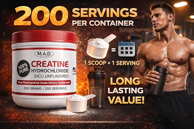 MAD-Creatine HCL (Hydrochloride) 200 grams-200 Servings 100% Pure Made in USA