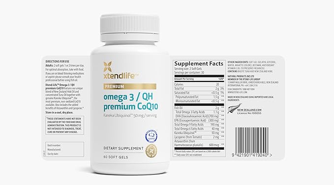 Xtendlife Omega 3 QH Fish Oil + CoQ10 for Heart Brain Joint &amp Skin-1100mg Omega - 3 with DHA EPA Ubiquinol Astaxanthin &amp Lycopene - 1 Month Supply (60 Count)