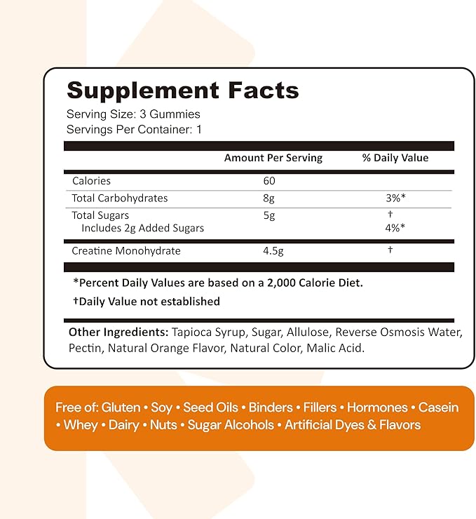 Create Creatine Monohydrate Gummies for Men &amp Women Boost Focus Strength and Endurance Anti-Melting Formula Vegan Gluten-Free Non-GMO 1.5g of Creatine per Gummy (Orange)