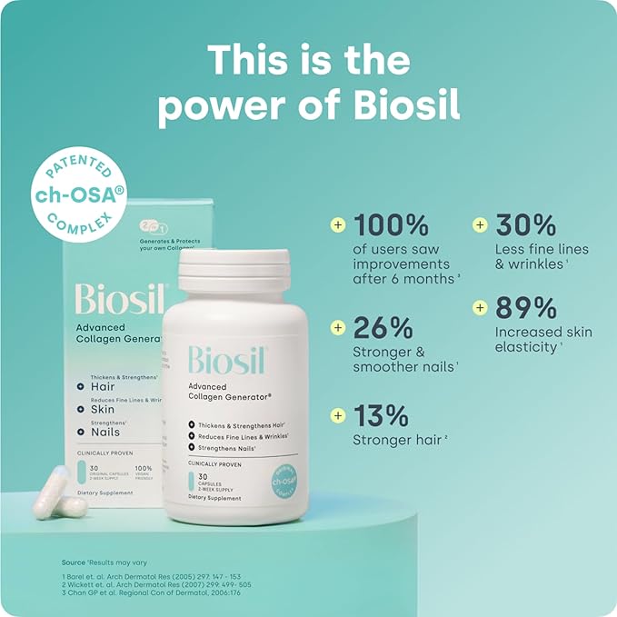 Biosil Collagen Booster Supplement - 60 Original Capsules Pack of 2 - Patented ch-OSA Activator for Skin Hair Nails &amp Joints - Supports Natural Production - 60-Day Supply