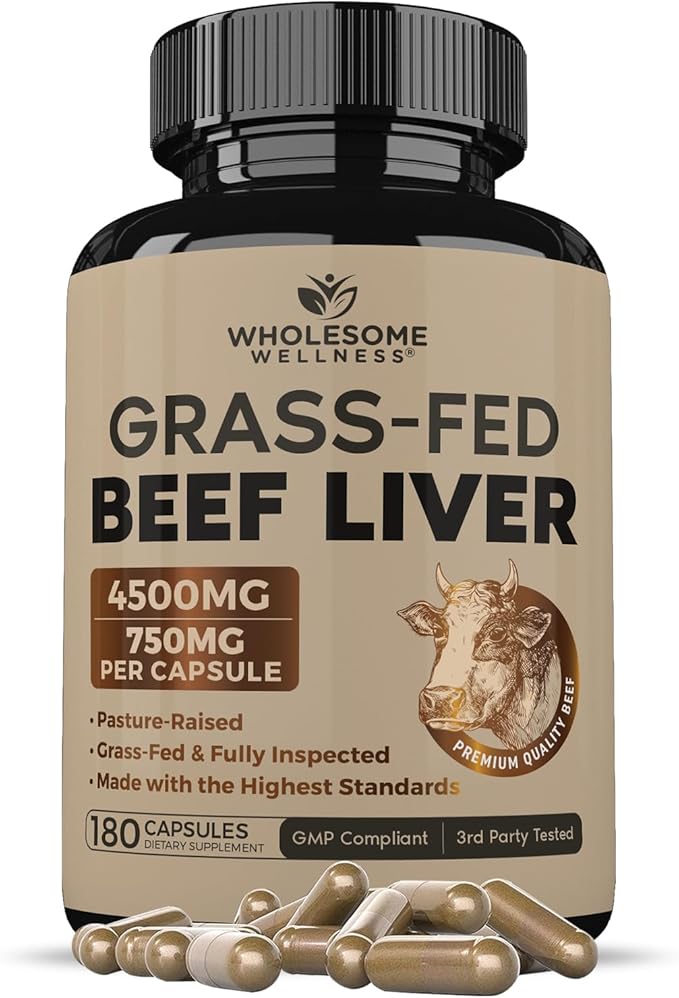 Wholesome Wellness Grass Fed Desiccated Beef Liver Capsules (180 Pills 750mg Each) - Natural Iron Vitamin A B12 for Energy - Raised Undefatted in New Zealand Without Hormones or Chemicals