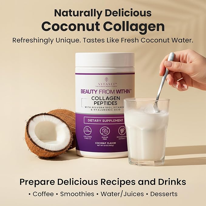VITASEI Hydrolyzed Collagen Peptides Powder with Resveratrol &amp Vitamin C – Hair Skin &amp Joint Support with Hyaluronic Acid – Colágeno Hidrolizado for Women &amp Men – Coconut Flavor 16 oz (3