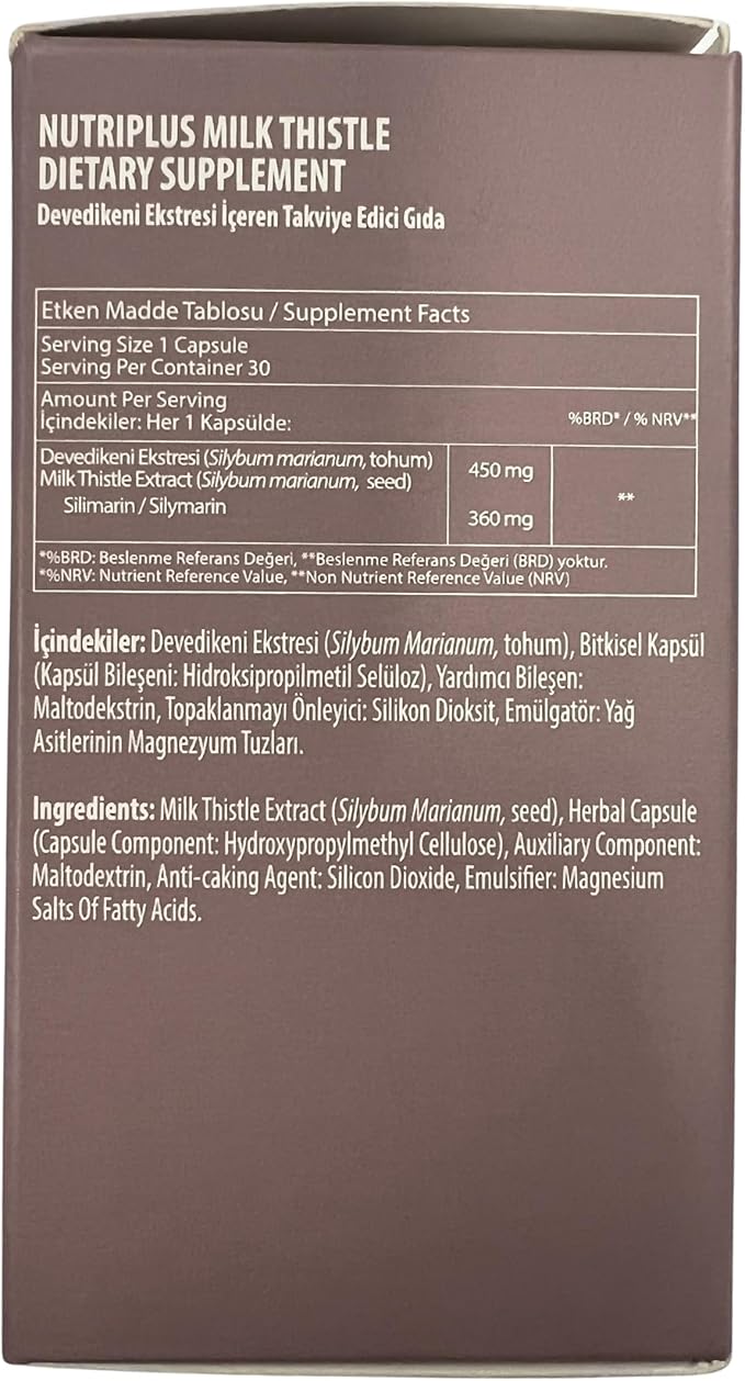 FARMASi Nutriplus Milk Thistle - Silymarin Extract Vegan Herbal Supplement 30 Capsules