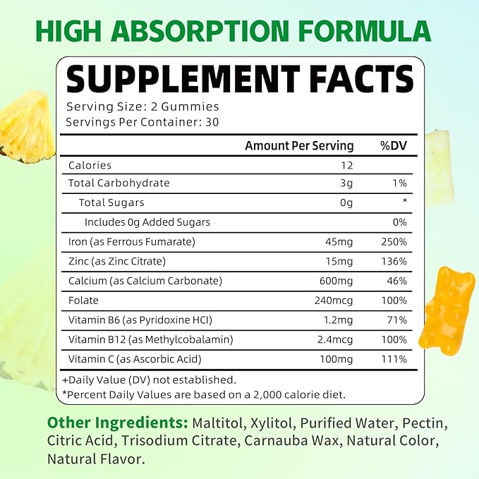 Pack of 2 Iron Gummies for Women &amp Men Iron Supplement Plus Calcium Zinc Folate &amp Vitamin B12 C B6 - Energy Support Immune Health Pineapple Flavor 120 Count