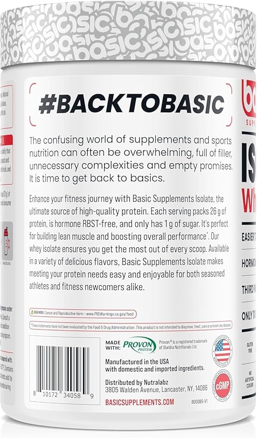 Basic Whey Protein Isolate 26g Protein 0g Fat Gluten-Free RBST-Free Rapid Absorption 110 Calories