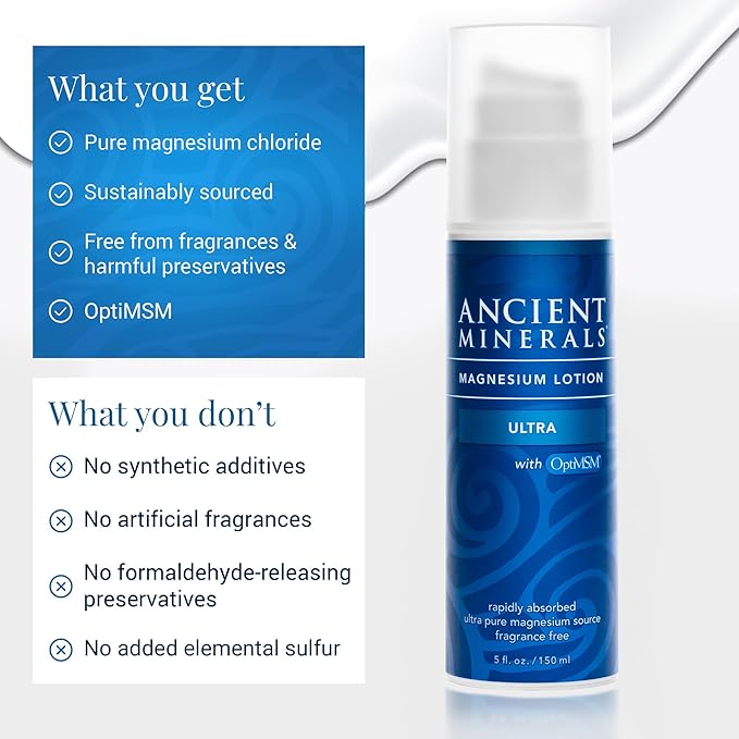 Ancient Minerals Magnesium Lotion Ultra with MSM Pure Genuine Zechstein Magnesium Lotion for Topical Application (5oz)