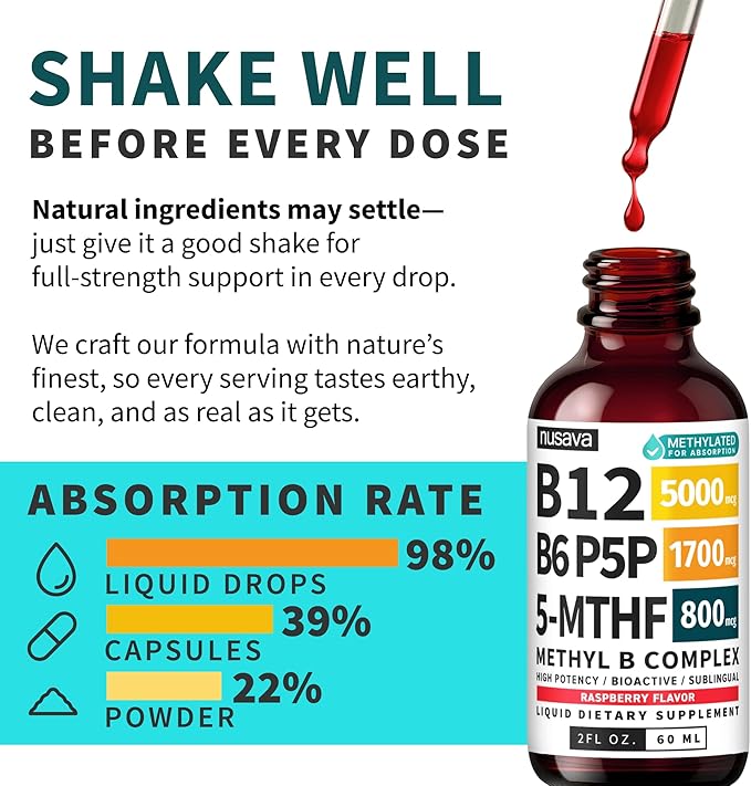 (2-Pack) Methylated B Complex Liquid Drops with Active L-Methylfolate - B12 Sublingual Drops Vitamin B Complex - Vegan B 12 Vitamin 5000mcg Non-GMO Raspberry Flavor No Sugar 2 Fl oz 80 Servings
