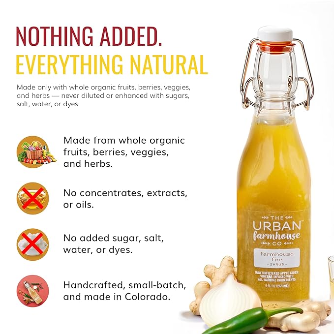 The Urban Farmhouse Co Organic Vinegar Shrub – Ginger Lemon 9 oz Bottle – Small Batch Drinking Vinegar with Apple Cider Vinegar &amp Fresh Citrus – Cocktail Mixer Gut Health Tonic No Sugar Added