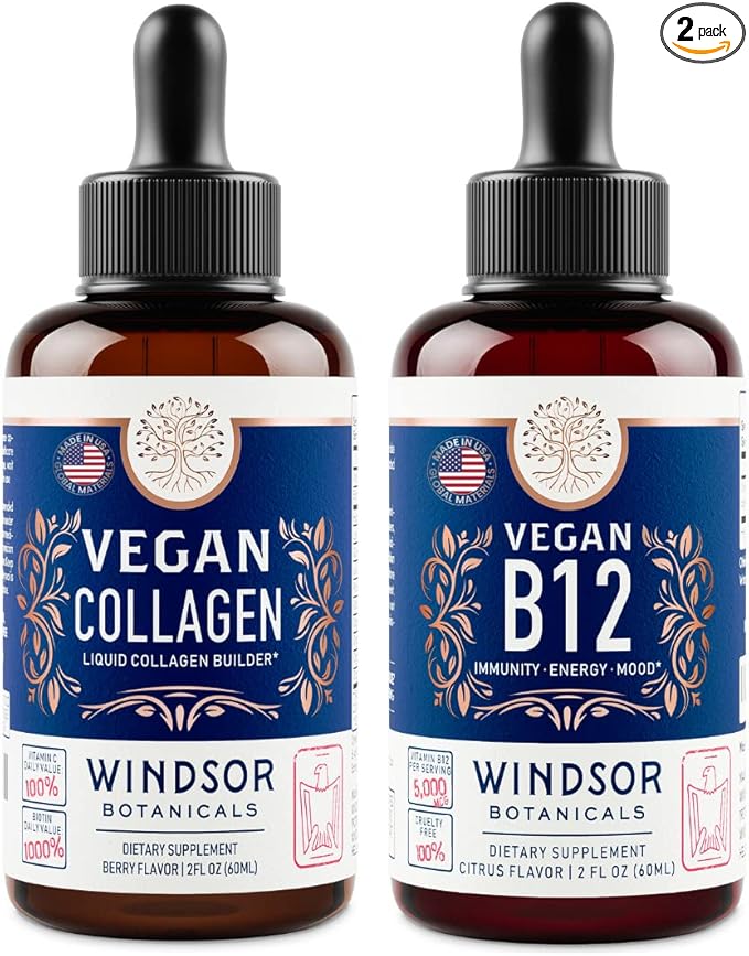 WINDSOR BOTANICALS Vegan Collagen Builder and Vegan B12 Liquid Body and Mind Bundle