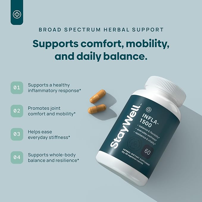 Infla-1500 All-Natural Relief Supplement Extract Blend with Turmeric White Willow Bark Ashwagandha Ginger Boswellia Bromelain Omega-3 and Magnesium-60ct