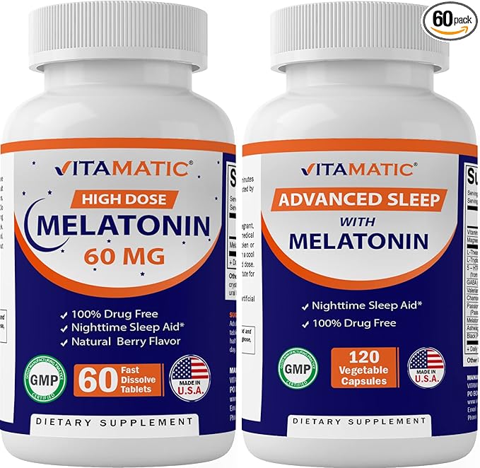 Vitamatic Melatonin 60mg with B6 Magnesium L-Theanine L-Tryptophan 5-HTP GABA Valerian Chamomile Passion Flower Ashwagandha &amp Black Pepper