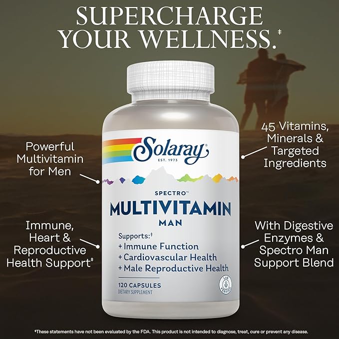 SOLARAY Spectro Multivitamin for Men Men's Multivitamin for Energy and Overall Wellness with Saw Palmetto Pumpkin Seed Digestive Enzymes and More 60-Day Guarantee 30 Servings 120 Capsules