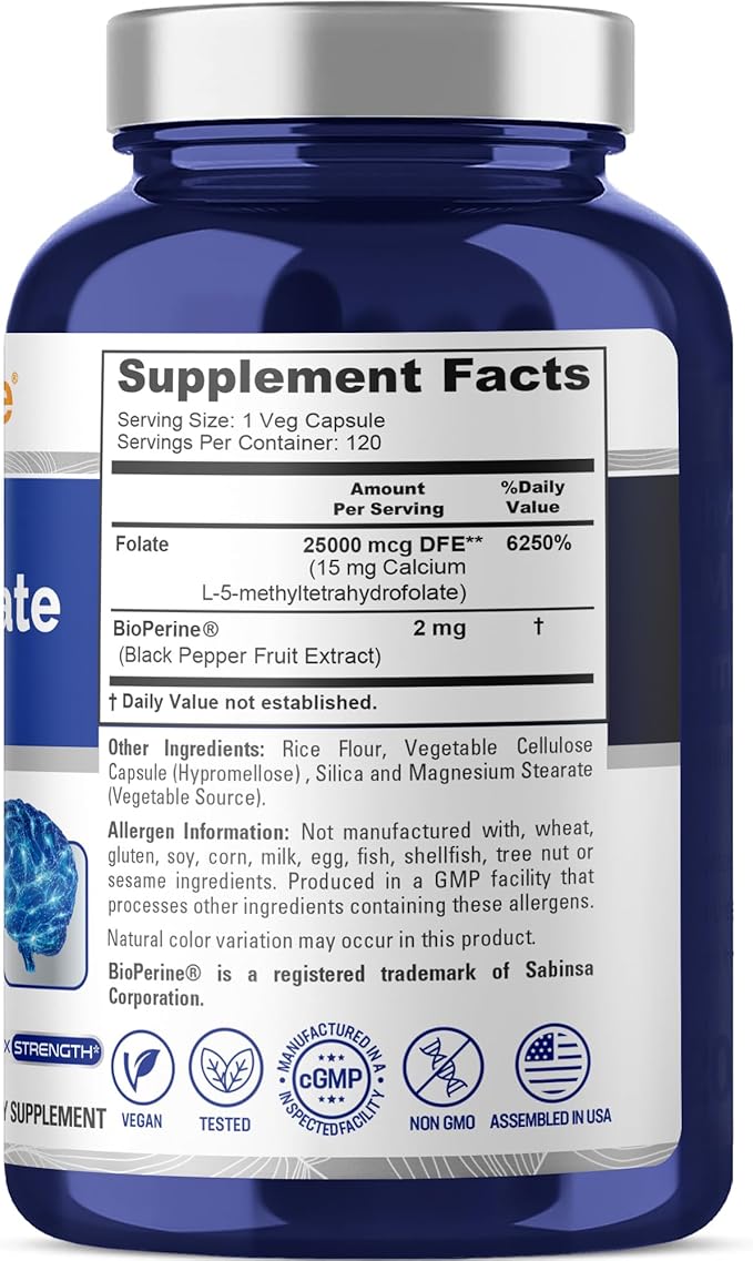 NusaPure L Methylfolate 15mg 120 Veggie Capsules Bioperine &amp Vegan