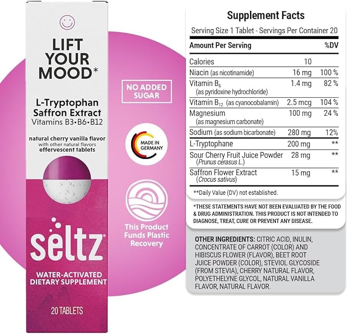 Seltz® Lift Your Mood – Effervescent Vitamins for Mood Support &amp Energy with L-Tryptophan Saffron Extract &amp B Vitamins (B3 B6 B12) – Cherry Vanilla Flavor No Sugar Added 20 Tablets (Pack