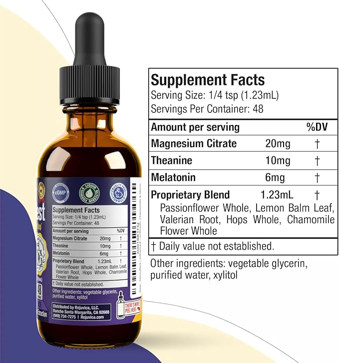 Rejuvica Health NoctuRest Liquid Melatonin Drops for Adults – Natural Sleep Aid with Magnesium L-Theanine &amp Valerian Root – Nighttime Sleep Support for Calm &amp Rest - 2X Absorption Drops - 2 F