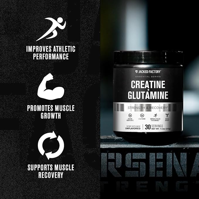 Jacked Factory Creatine + Glutamine - Creatine Supplement with L-Glutamine for Muscle Recovery Muscle Growth Increased Strength (30 Servings Unflavored &amp 30 Servings Blue Raspberry)