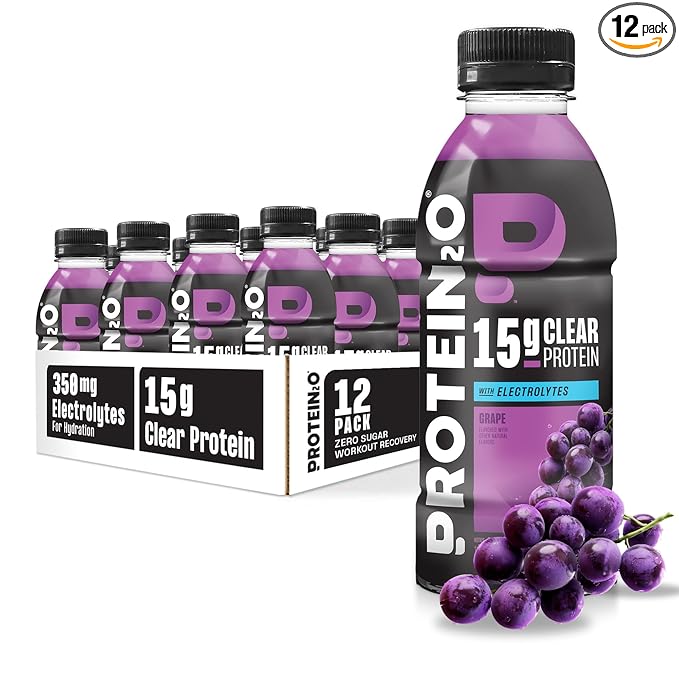Protein2o Hydration Drink - 2-in-1 Liquid Clear Whey Protein Isolate and Electrolyte Drink - 15g Protein Vitamins B5 B6 - Post-Workout Recovery - 16.9 Fl Oz - 12 Count Grape