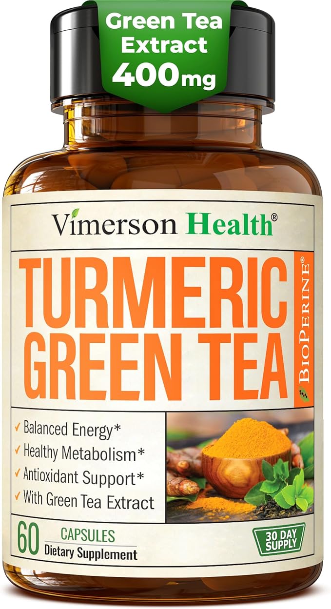 Turmeric Curcumin Supplement with Green Tea Extract (ECGC) &amp Vitamin C for Joint Health Energy &amp Inflammation Balance - Organic Tumeric Curcumin with Black Pepper - Gluten-Free Non-GMO - 60
