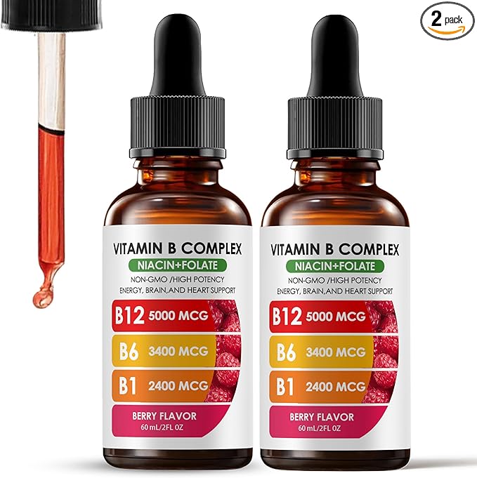 Vitamin B12 Complex with B1 B6 Vitamin B12 Raspberry Liquid Supplement Essential Vitamin 5-in-1 Vitamin B Complex Liquid Drops Brain Function Focus and Natural Energy Support (2PCS)