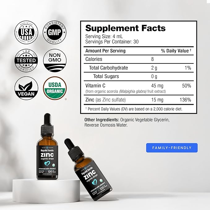 NutraChamps Liquid Zinc for Kids &amp Adults Vegan Pure Ionic Zinc Drops Enhanced with Vitamin C Supplements for Immune Support Sugar-Free Liquid 4 oz