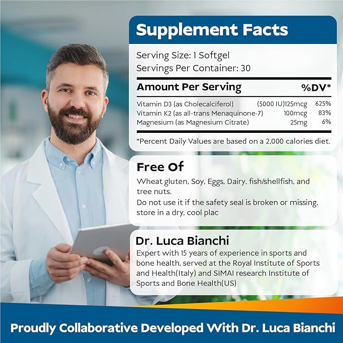 Vitamin D3 K2 - Liposomal Bone Vitamins Supplement 5000IU D3 100mcg K2 MK7 &amp Magnesium For Women and Men | Supports Bone Teeth Heart Immune and Vascular Health* 120 Days Mini Softgels