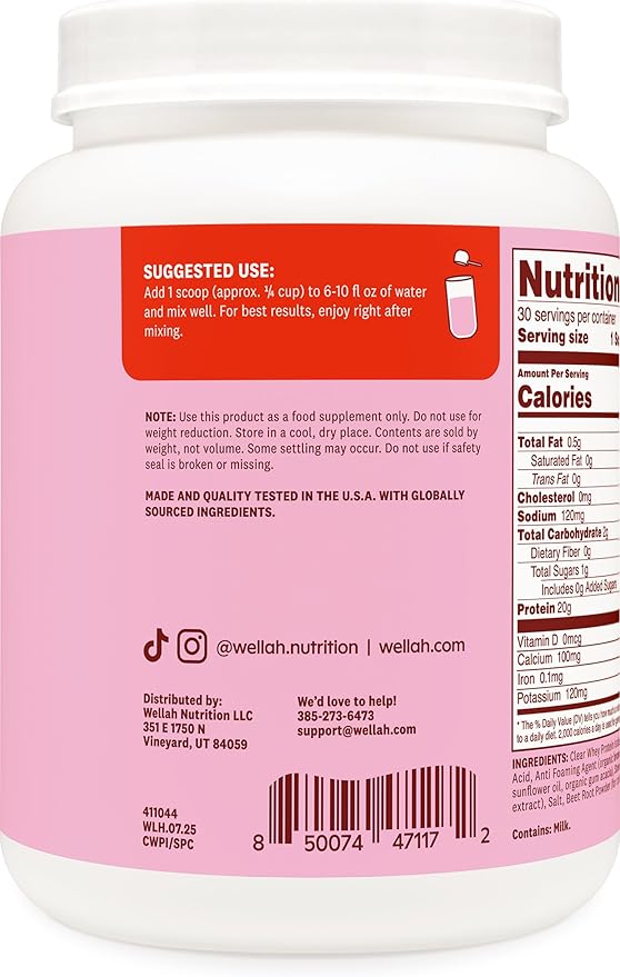 Wellah Clear Whey Protein Isolate Powder (Strawberry Piña Colada) 30 Servings - 20g of Protein 100 Calories Sweetened with Stevia