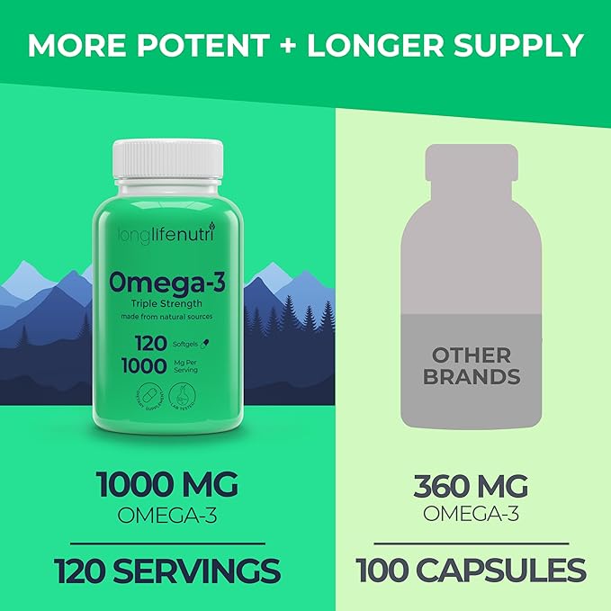 Omega 3 Fish Oil 1000mg - with High EPA &amp DHA 120 Softgels Fatty Acids Supplement for Cognitive Function from Salmon 4-Month Supply GMP Certified Made in USA