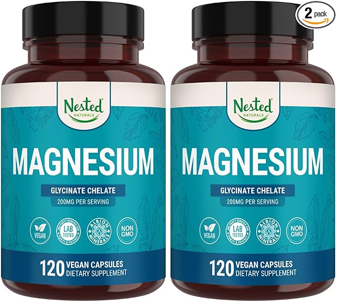 Nested Naturals Magnesium Glycinate Chelate - 200mg Chelated Magnesium Supplement for Muscle Cramps Relaxation &amp Sleep Support - 100% Albion TRACCS Buffered Magnesium Glycinate - 240 Vegan Capsu