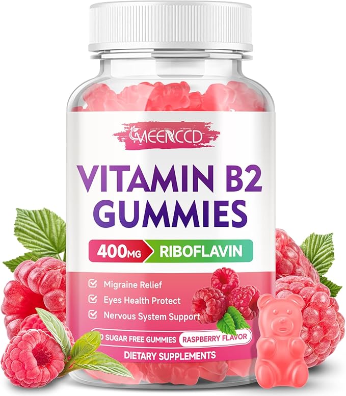 Vitamin B2 Gummies Riboflavin 400mg Supplement with Magnesium for Kids &amp Adults B2 Gummies for Migraine Relief &amp Nervous System Support Vegan Sugar-Free Raspberry Flavor 60 Count