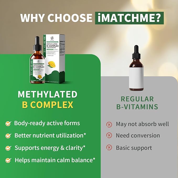 iMATCHME Methylated B Complex Liquid Drops - Max Absorption L-Methylfolate (L-5-MTHF) Vitamin B12 Methylcobalamin B6 - with Ashwagandha &amp Saffron for Energy Focus &amp Brain Health - Vegan 2