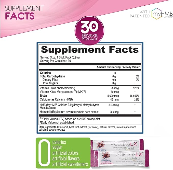Powder Supplement for Women - with HMB Collagen Enhancer Plus Vitamin D3 K2 Horsetail + Biotin for Lean Muscle and Stronger Hair + Nails - 30 Powder Packets Strawberry Lemonade and Wildberry Bundle