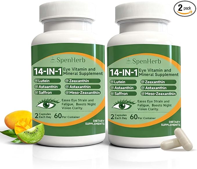 Eye Vitamin and Mineral Supplement 14 in 1 Advanced Eye Formula Vision Support with Lutein and Zeaxanthin Vitamin C E Zinc Copper Eye Health Supplements for Adults 60 Capsules/2 PCS