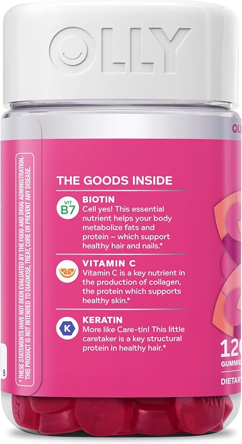OLLY Undeniable Beauty Gummy for Healthy Hair Skin &amp Nails* Biotin Vitamins C &amp E Keratin Chewable Supplement Grapefruit Flavored 60 Day Supply - 120 Count