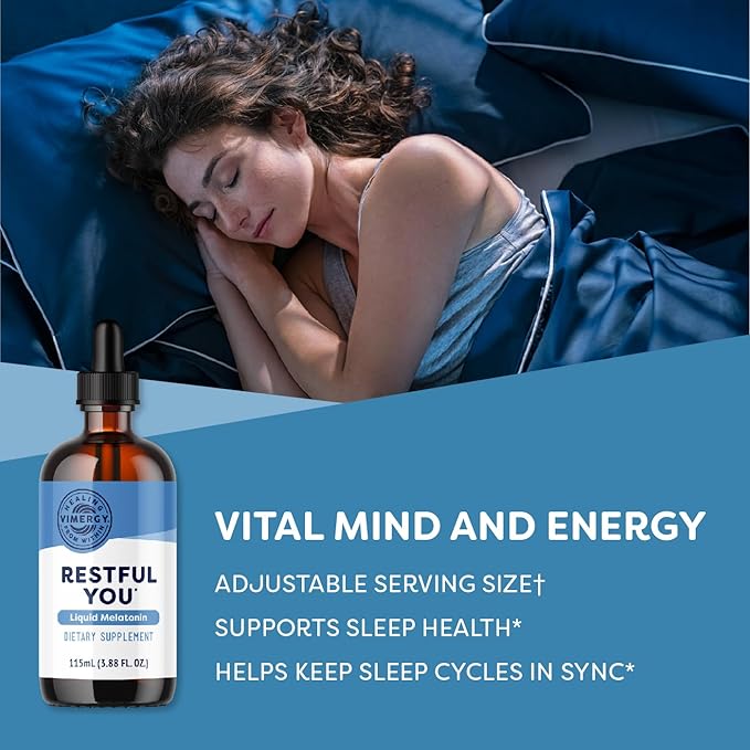 Vimergy Restful You* Liquid Melatonin - Fast-Absorbing Support for Restorative Sleep. Customizable Serving Size. Kosher Vegan Paleo-Friendly Non-GMO. Serving Size: Adults 1mL Kids 0.2mL.*