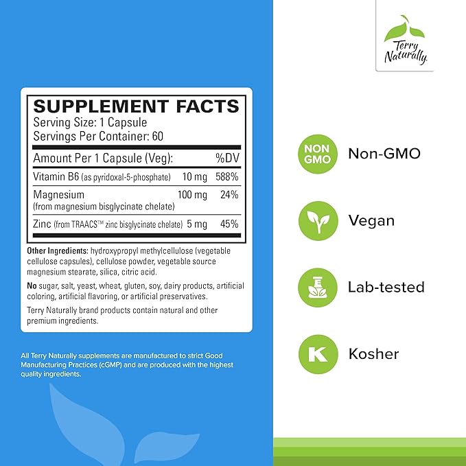Terry Naturally BioActive Magnesium Complex - Bone &amp Heart Health Support - Supplement with Vitamin B6 Zinc &amp Magnesium - Pyridoxal-5-Phosphate Vegan Capsule Supplement - 60 Capsules (Pack of