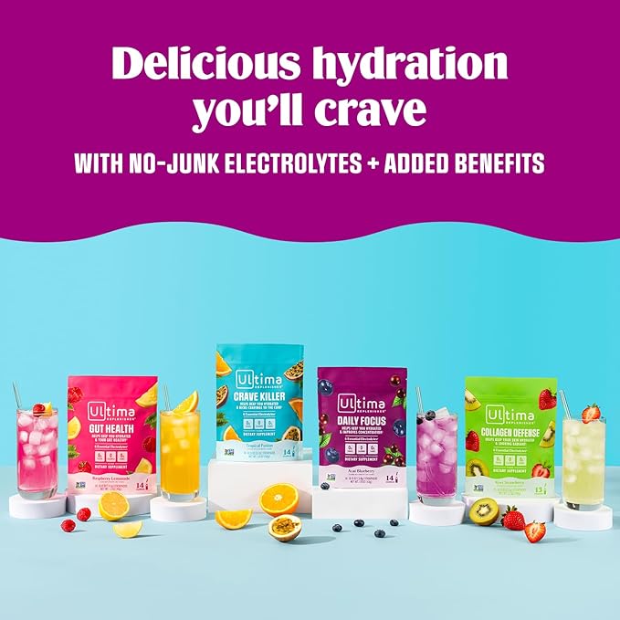 Ultima Replenisher Collagen Defense Supplement and Electrolytes Powder - Kiwi Strawberry 13 Stickpacks - Hydration Packets with Dermaval and Biotin that Keep Your Skin Hydrated and Looking Radiant
