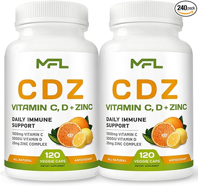 2 Pack C D Z | Vitamin C 1000mg | Vitamin D3 125mcg | Zinc 25mg | Non-GMO &amp Gluten Free | 240 Servings