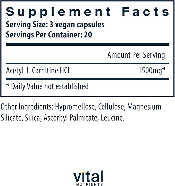 Vital Nutrients Acetyl L-Carnitine 500mg - Brain Memory and Cognitive Support Supplement* - Vegan - Gluten Dairy Soy Free - Non-GMO - 60 Capsules