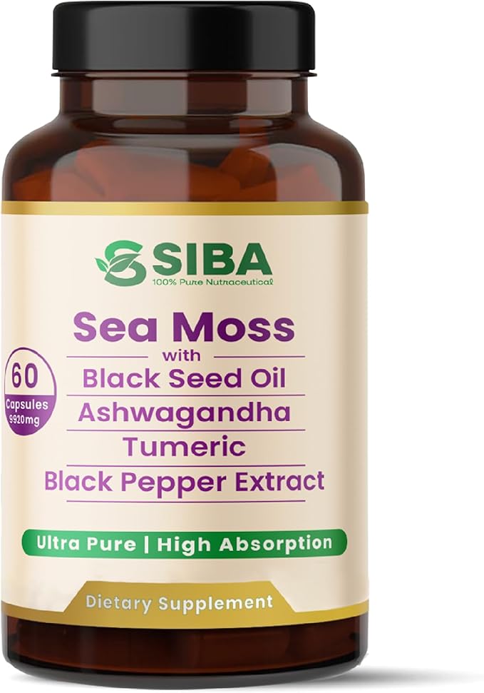 SIBA Ultra Pure Sea Moss Blend – Vegan Capsules with Sea Moss Black Seed Oil Ashwagandha Turmeric &amp Black Pepper – Supports Overall Wellness – 60 Count
