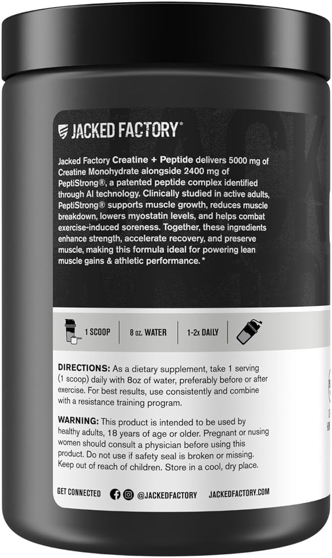 Jacked Factory Creatine + Peptides - Creatine Monohydrate and PeptiStrong Peptides for Muscle Growth and Reduced Muscle Breakdown - Unflavored - 50 Servings