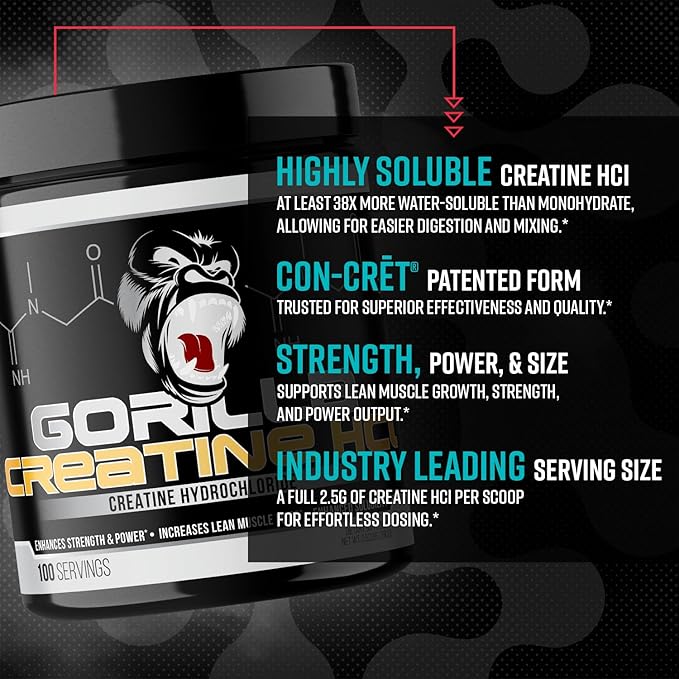 Gorilla Mind CON-CRĒT® Creatine HCl W/Pepsin Unflavored | GI-Friendly Alternative | Muscle Size Power Output Strength Brain Health &amp Performance | Convenient 2.5 Grams per Serving 100 Serving