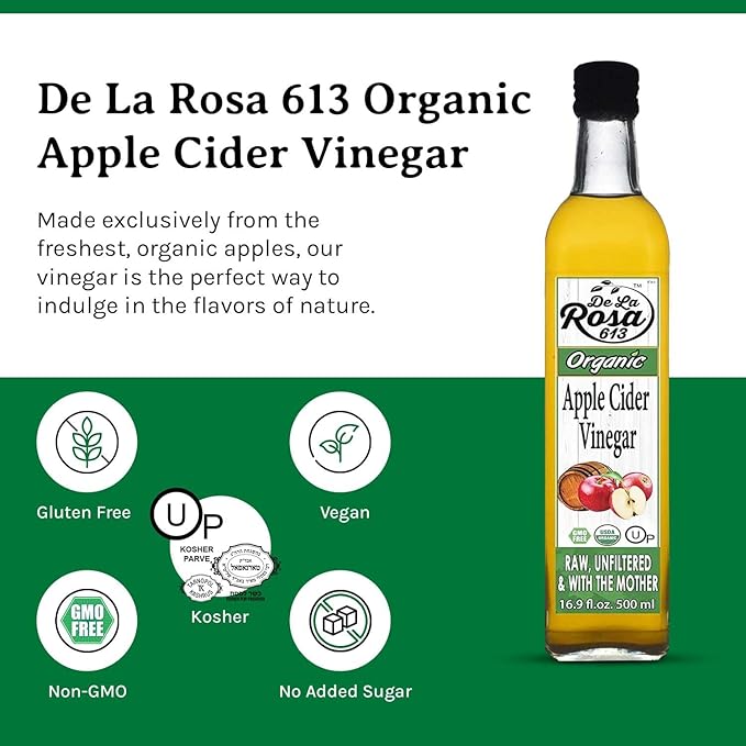 De La Rosa Organic Apple Cider Vinegar Raw &amp Unfiltered Kosher for Passover Vegan &amp Gluten Free Great for Salad Dressing &amp Marinades Apple Cider with The Mother 16.9 Oz (Pack of 2)