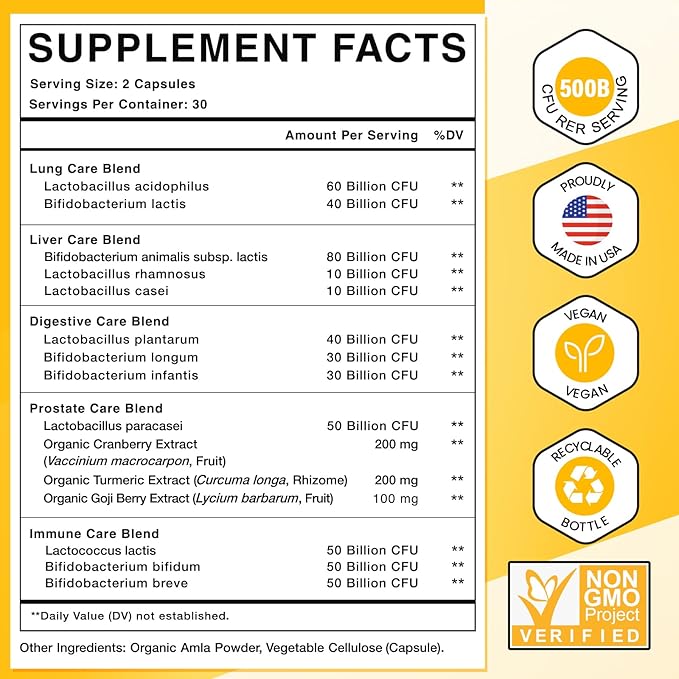 Probiotics for Men 500 Billion CFUs &amp 12 Strains Mens Probiotic with Turmeric Cranberry Goji Gut Health for Men for Digestive Health Gut Bloating &amp Gas Immune Energy Support 30-Day Su