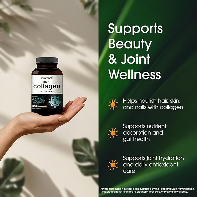 NatureBell Multi Collagen Complex - 300 Capsules - 5 Collagen Peptides (Type I II III V X) Hyaluronic Acid Biotin &amp Probiotics - Hair Skin Nail Joint &amp Gut Health Support*