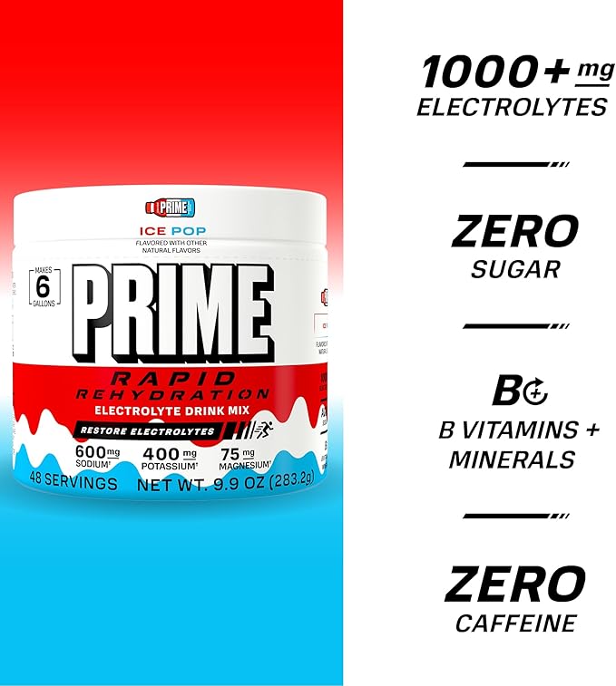 Prime Rapid Rehydration Electrolyte Powder Ice Pop Sugar Free Hydration Drink Mix with Sodium Potassium Magnesium &amp B Vitamins to Replenish Fluids Caffeine Free 6 Gallon Tub 48 SRV