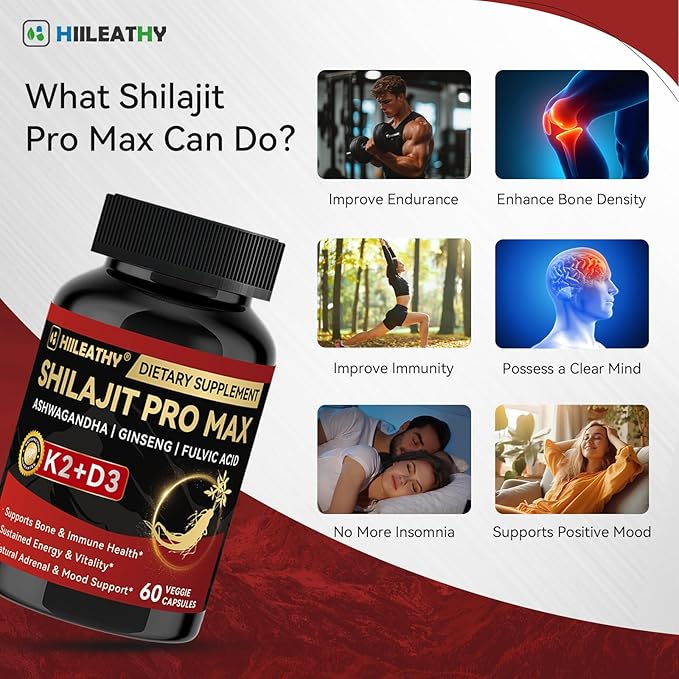 Shilajit for Men Women Shilajit w/Vitamin D3 K2 Shilajits for Men w/Fulvic Acid Ashwagandha Ginseng Root Shilajits for Extra Power Stamina Immune Support Non-GMO Made in US 60 Capsules